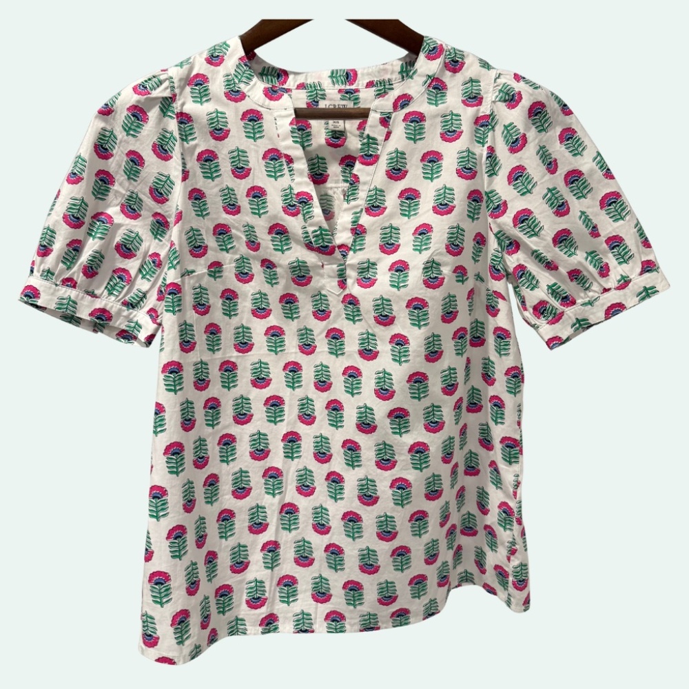 J.Crew Floral Pink, Green & White Block Print Cotton Popover Blouse Size XS